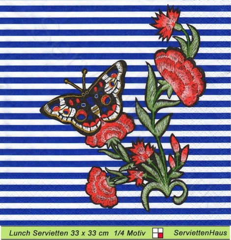 Gestickter Schmetterling mit Blumen auf Streifen - 1 Lunch Serviette
